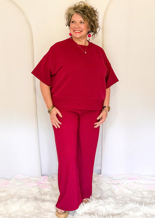 Two piece ribbed outfit in Cabernet featuring boxy top and wide leg pants