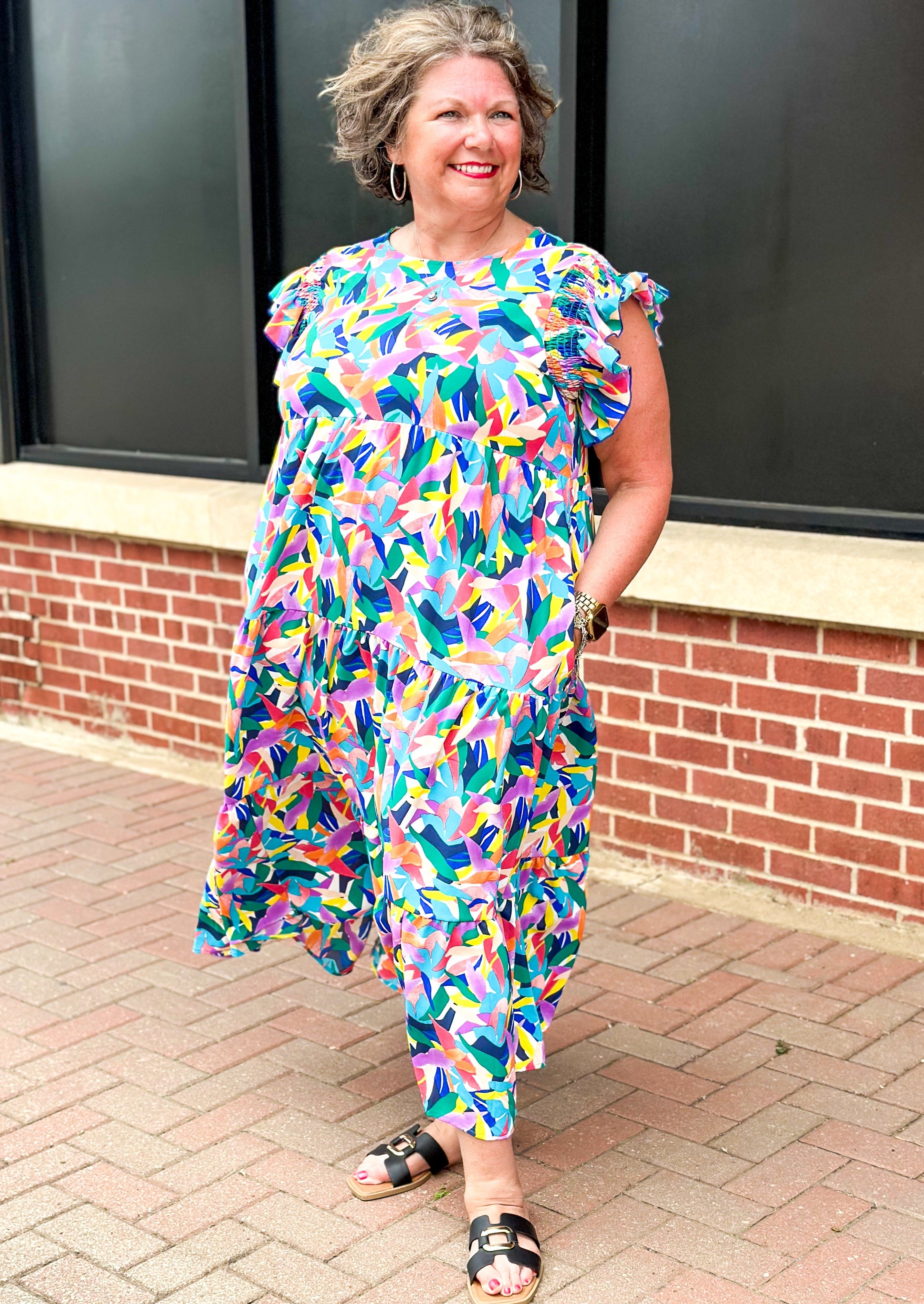 bright patterned tiered maxi dress with pockets and ruffle sleeve - keyhole with button back 