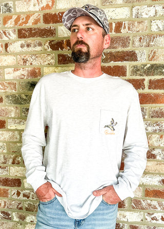 mens ash gray long sleeve tee with a flying duck on front left pocket and larger image on the back