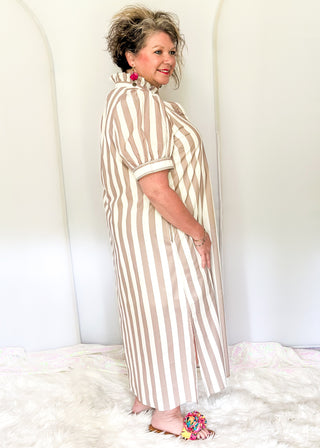 Vertical stripe midi dress with puff sleeves and front buttons