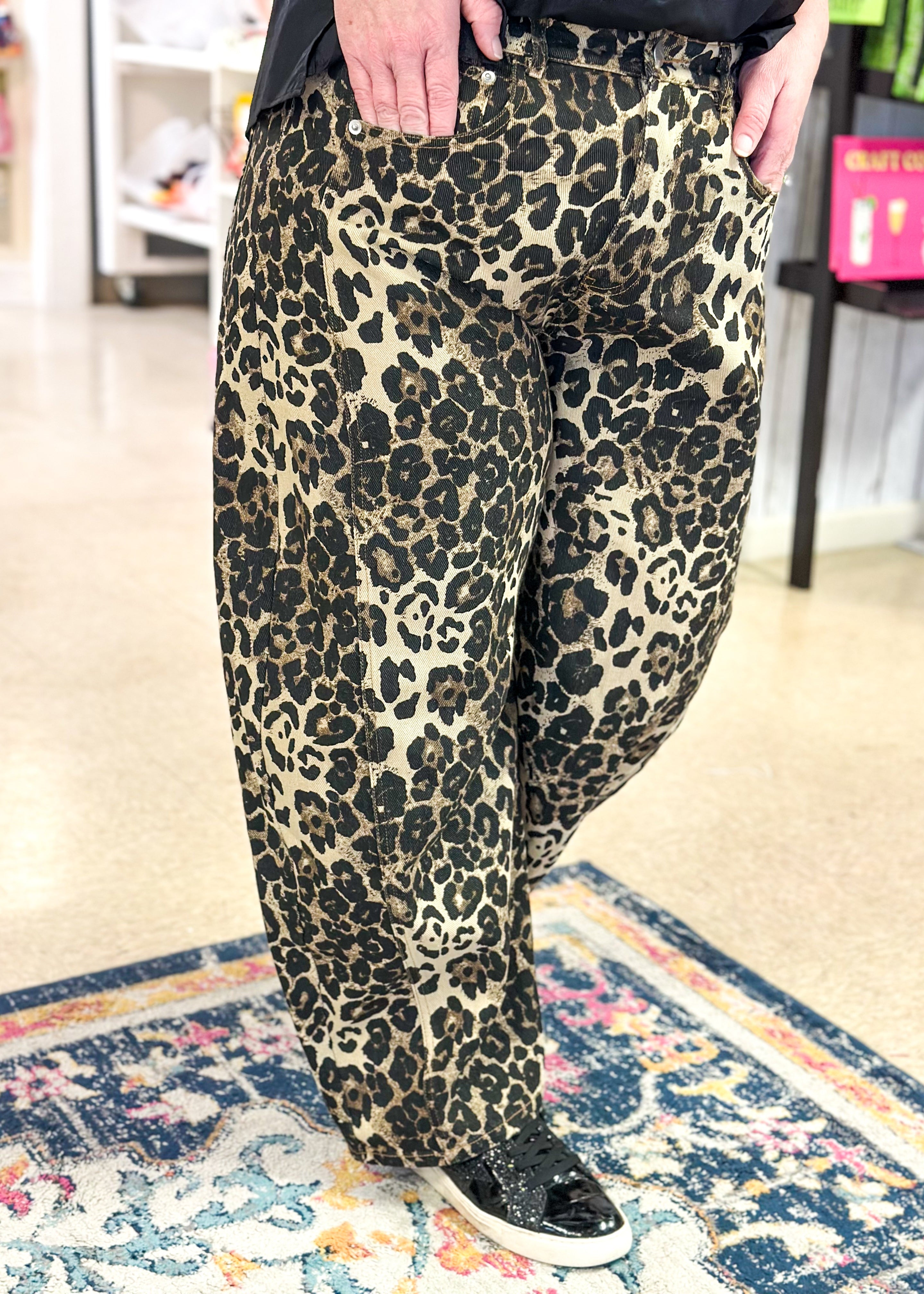 leopard print barrel shaped denim pants - front and back pockets, front button and zipper closure