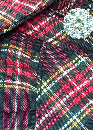 close up of navy plaid fabric and rhinestone button