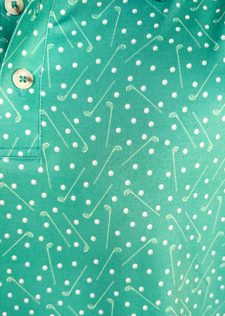 Close up of aqua short sleeve performance polo for men.