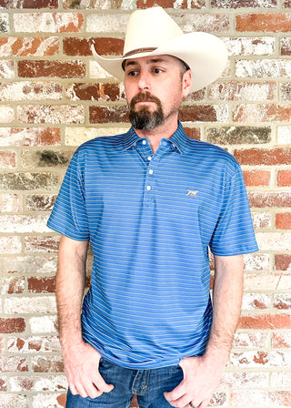 Men's Fieldstone Blue and White Striped Polo Shirt with Dog logo on left chest.