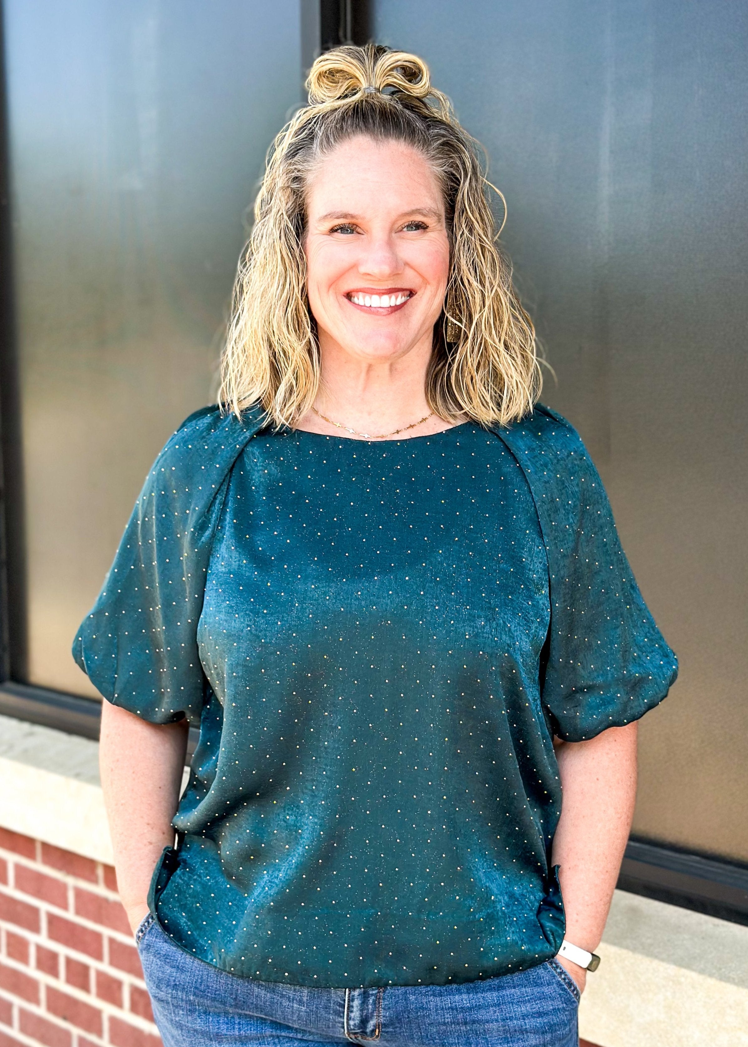 teal shimmer studded short bubble sleeve top