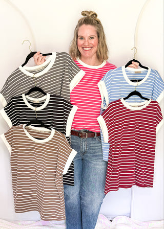 wide striped top with cuffed sleeves, and white banded rounded neckline in all colorways.