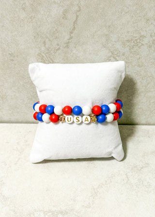 Set of two bracelets in red, white, blue and USA beads.