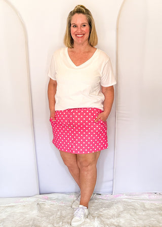 pink polka dot skort with built in shorts