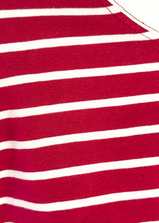 close up of wide striped top with cuffed sleeves, and white banded rounded neckline.