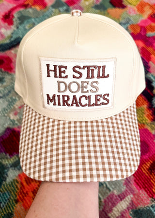 He Still Does Miracles Cream hat with brown gingham bill