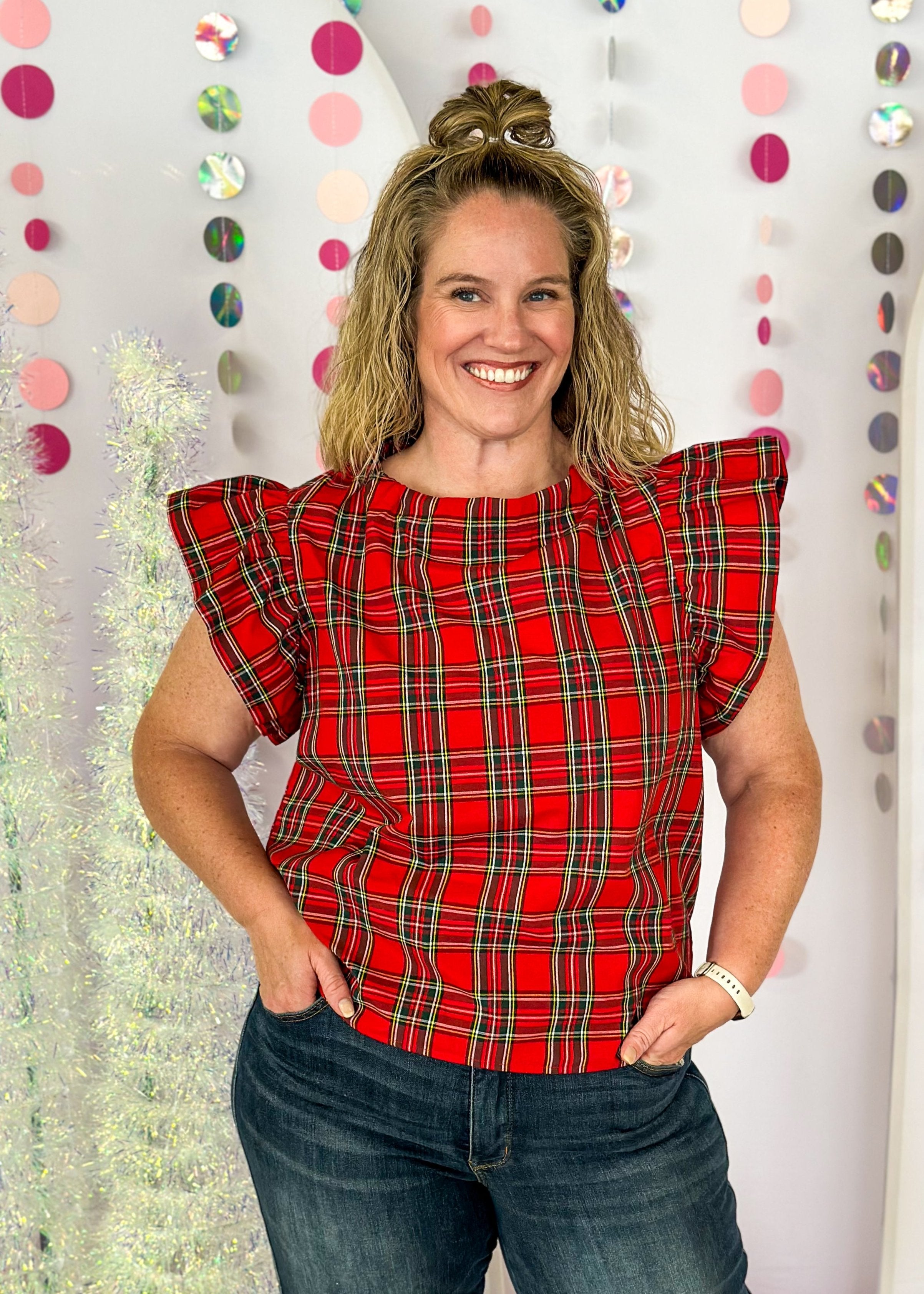 red plaid short ruffle sleeve top with tie/bow neck in the back