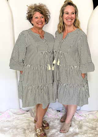 3/4 sleeve striped dress with ruffle cuffs and tiered skirt