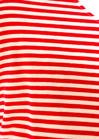 Red and white striped short sleeve top with white banding on sleeve and collar. 