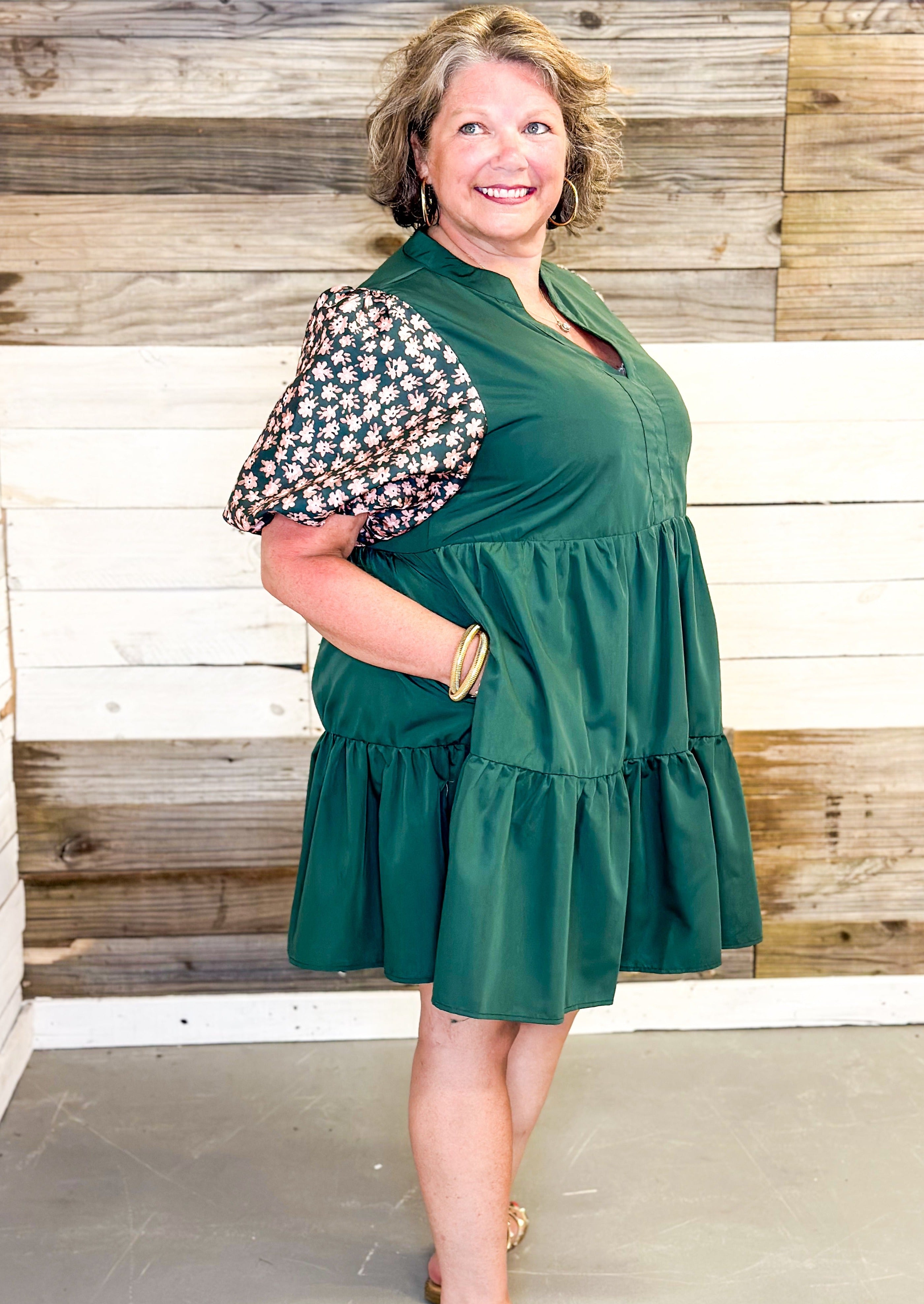 hunter green tiered dress with v-neck and pockets - flower embroidered puff sleeves in pink