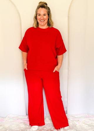 Two piece ribbed outfit in Red featuring boxy top and wide leg pants