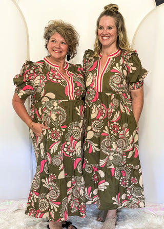 floral midi short sleeve dress with v-neck, olive background, pockets, pink and cream abstract floral print