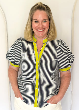 Striped button-down top with V-neckline, short puff sleeves, and contrast trim detailing
