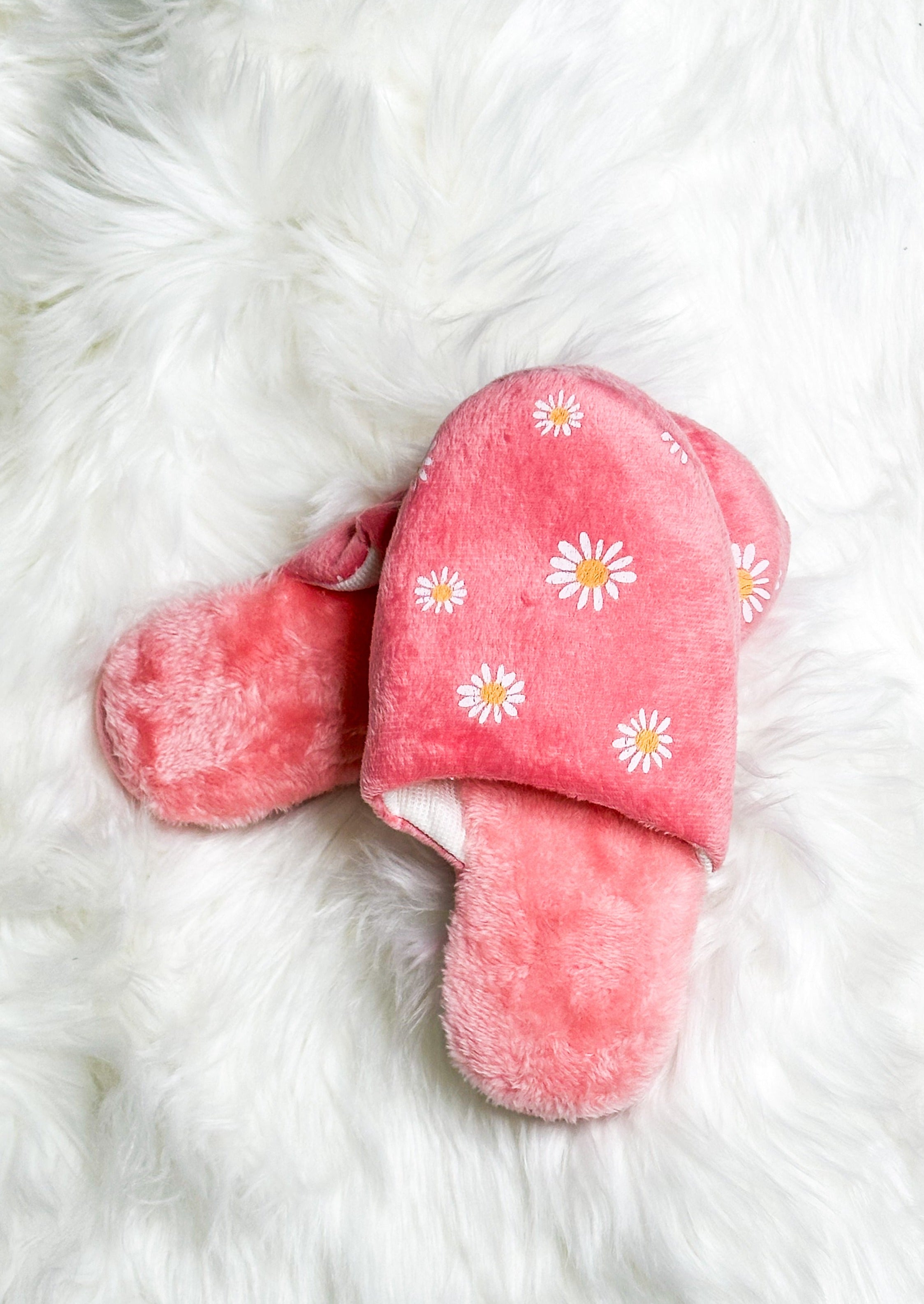 fuzzy slip on slippers with daisies on the top - pink