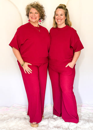 Two piece ribbed outfit in Cabernet featuring boxy top and wide leg pants
