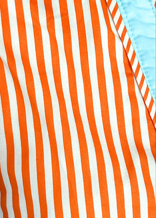 Close up of striped button-down top with V-neckline, short puff sleeves, and contrast trim detailing