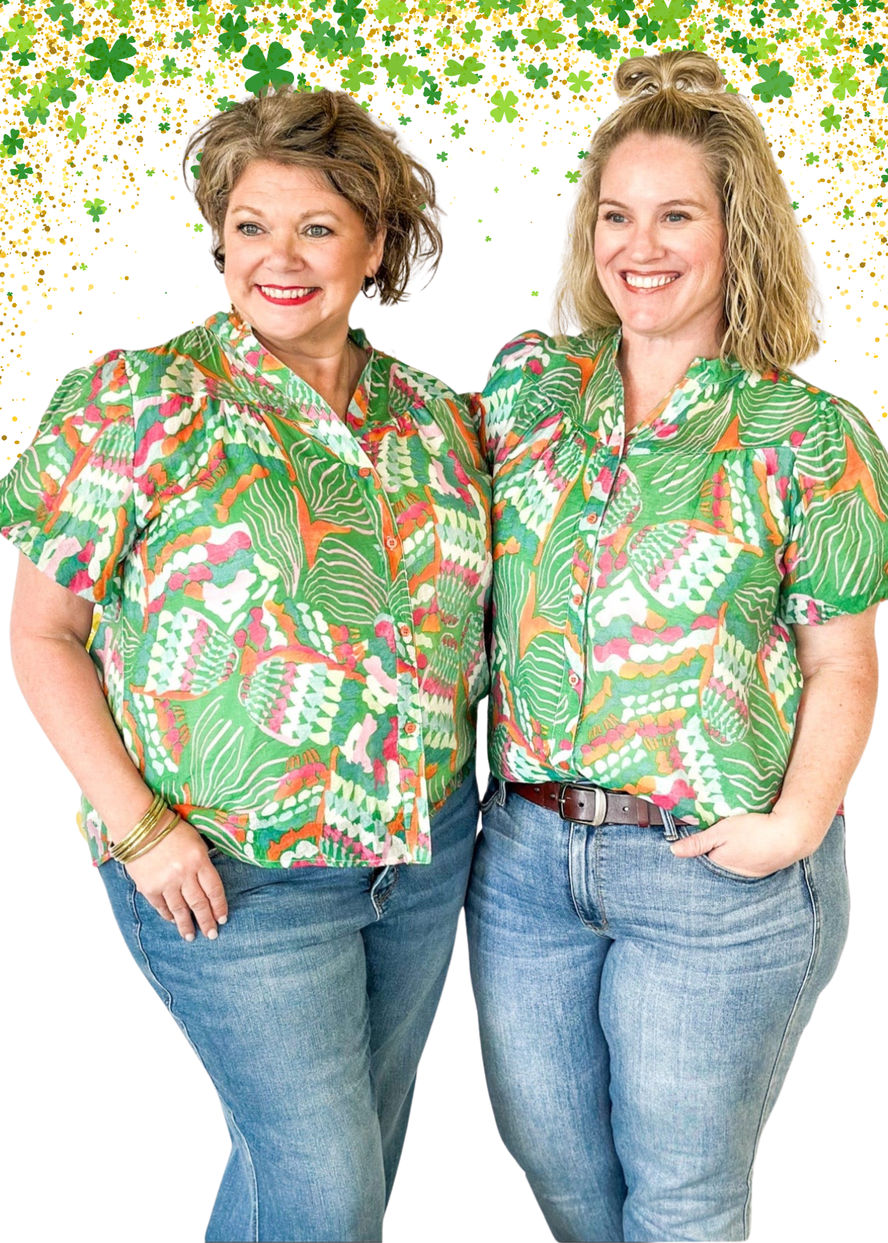 Lightweight short sleeve button up v-neck top.  Tropical print in green, white, pink and orange.  