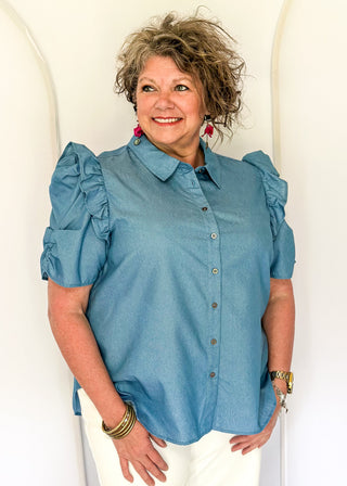 Chambray collared puff sleeve button up blouse