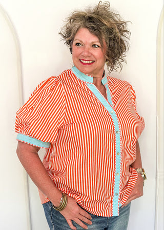 Striped button-down top with V-neckline, short puff sleeves, and contrast trim detailing