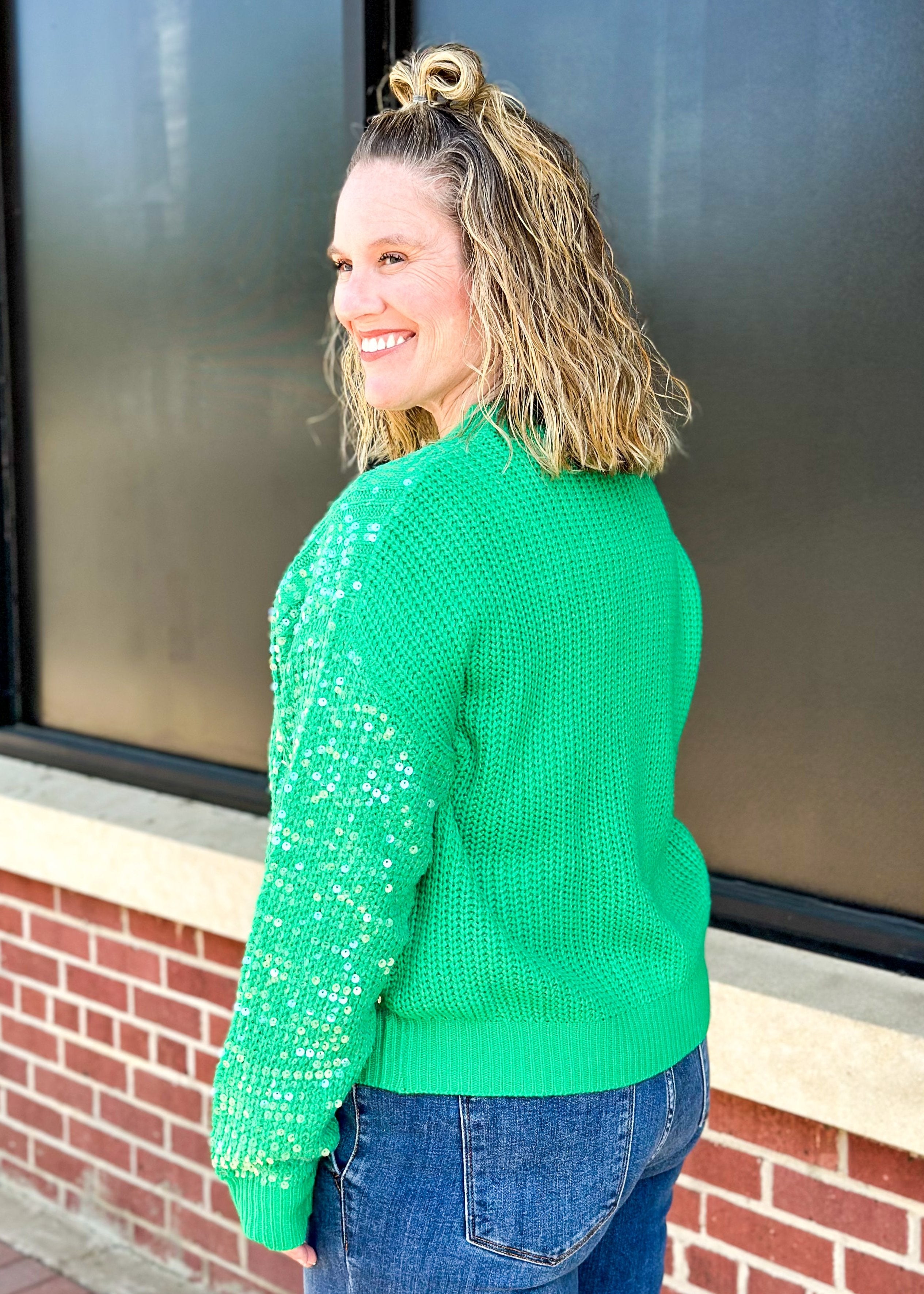 clear sequin long sleeve crew neck knitted green sweater