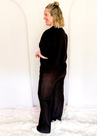 Two piece ribbed outfit in Black featuring boxy top and wide leg pants