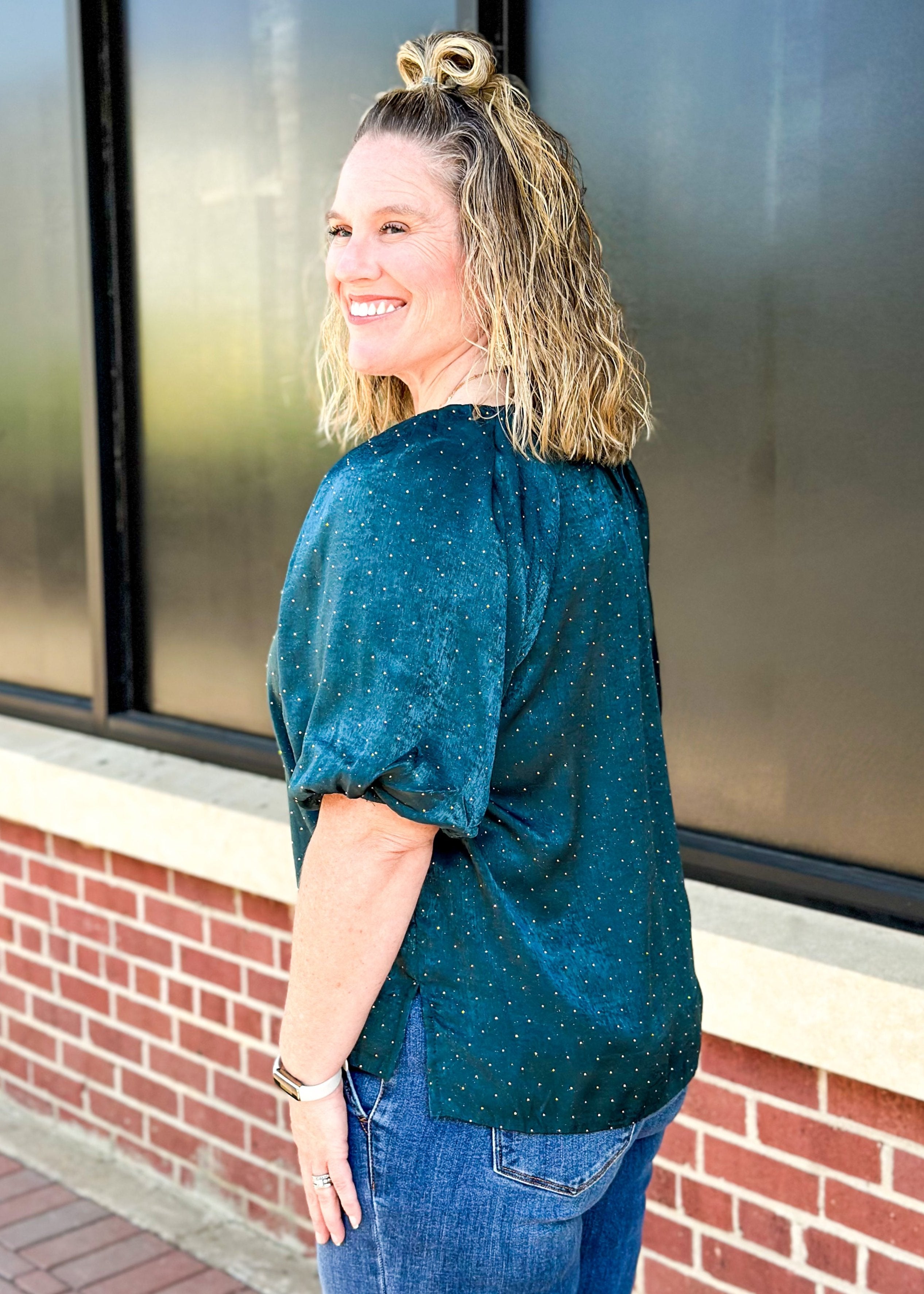 teal shimmer studded short bubble sleeve top