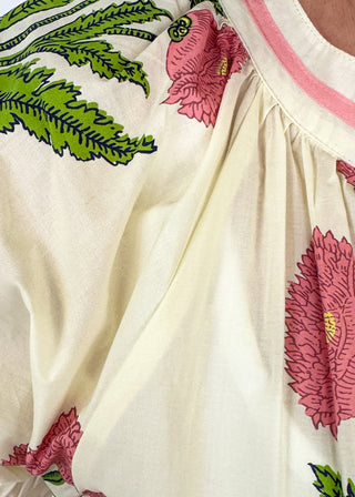 cream maxi dress with pink hydrangeas - short sleeve with ruffle and elastic - smocked waist - bottom ruffle 