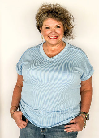Light Blue ribbed short sleeve top, v-neck