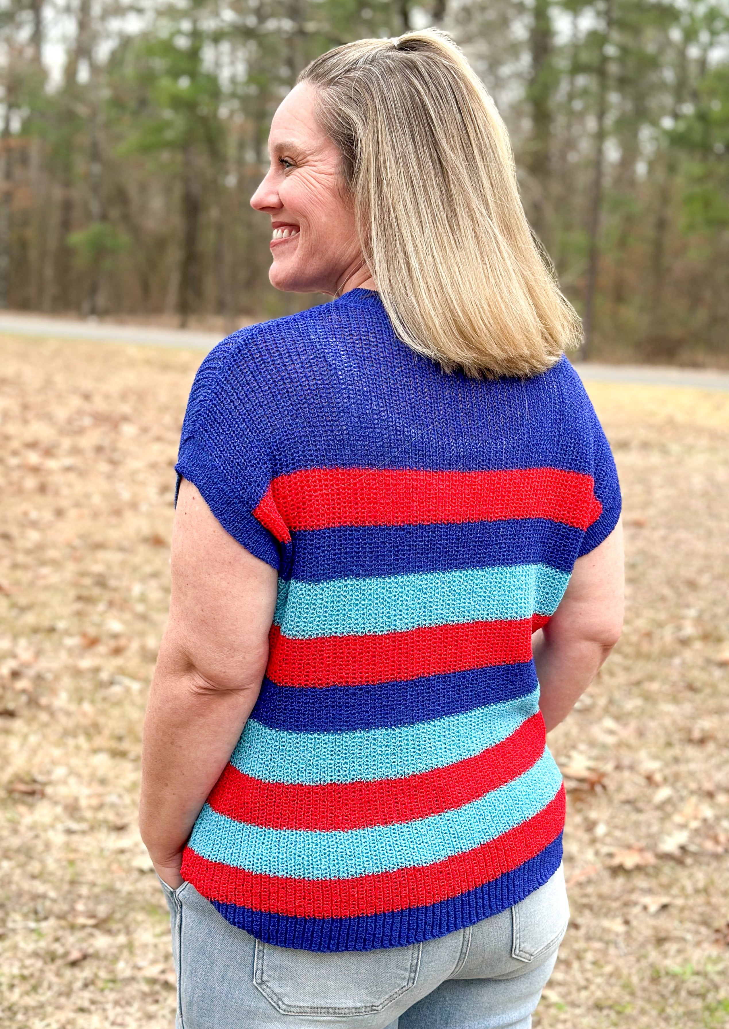 Striped dolman short sleeve sweater - sheer - 2 shades of blue and red stripes