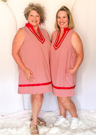 Red gingham sleeveless dress with contrast trim neckline