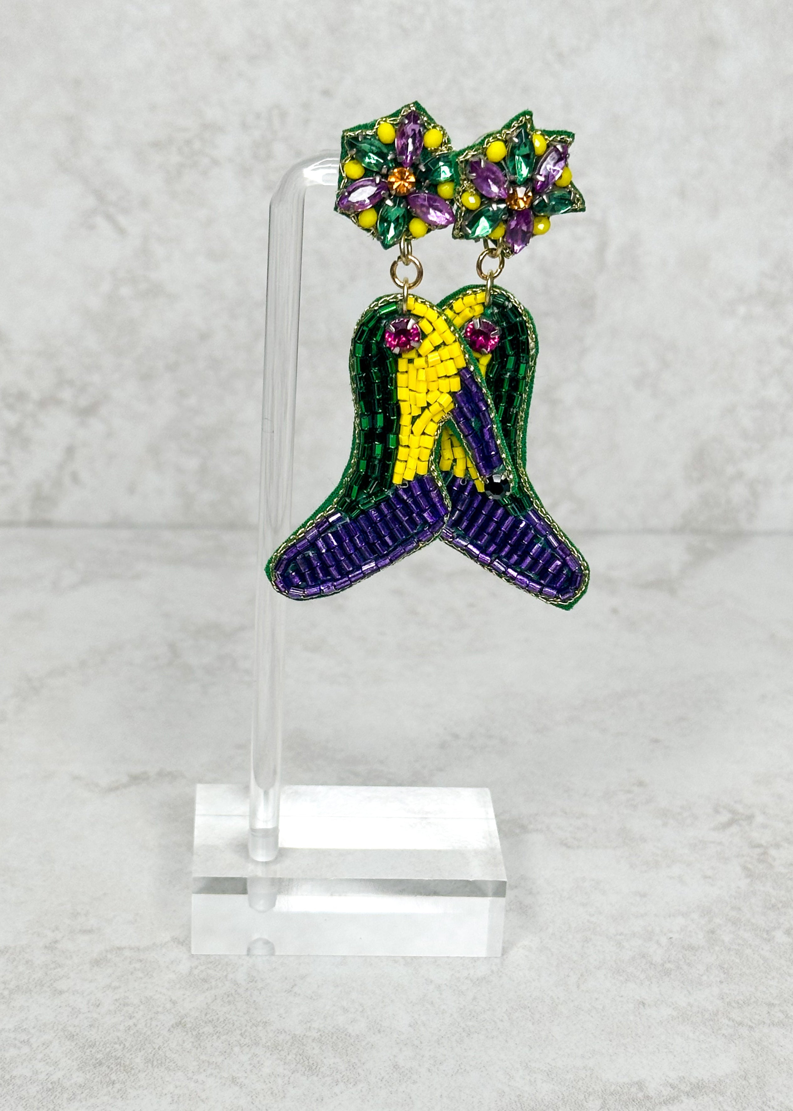 Mardi Gras high heel beaded post back earrings.