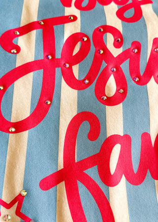close up of Graphic Tee with "big Jesus  fan" 