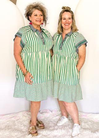 Green striped short sleeve dress with denim contrast on collar and sleeves. 