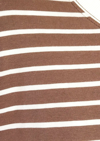 wide striped top with cuffed sleeves, and white banded rounded neckline.