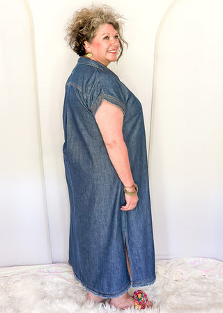 women's short sleeve vneck denim dress with pockets
