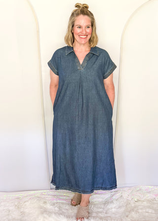 women's short sleeve vneck denim dress with pockets