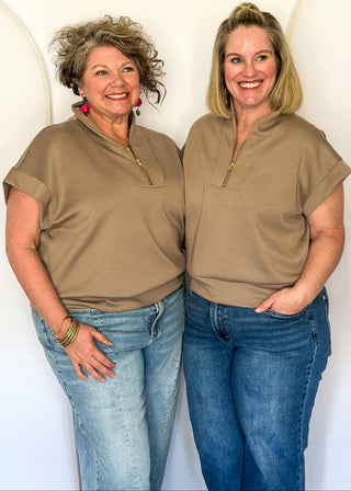 Cocoa brown scuba fabric athleisure top with zip detail and modern silhouette