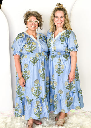 periwinkle maxi dress with cream hydrangeas 0 short sleeve with ruffle and elastic - smocked waist - bottom ruffle 