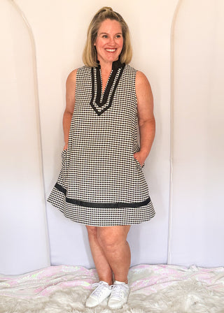Black gingham sleeveless dress with contrast trim neckline