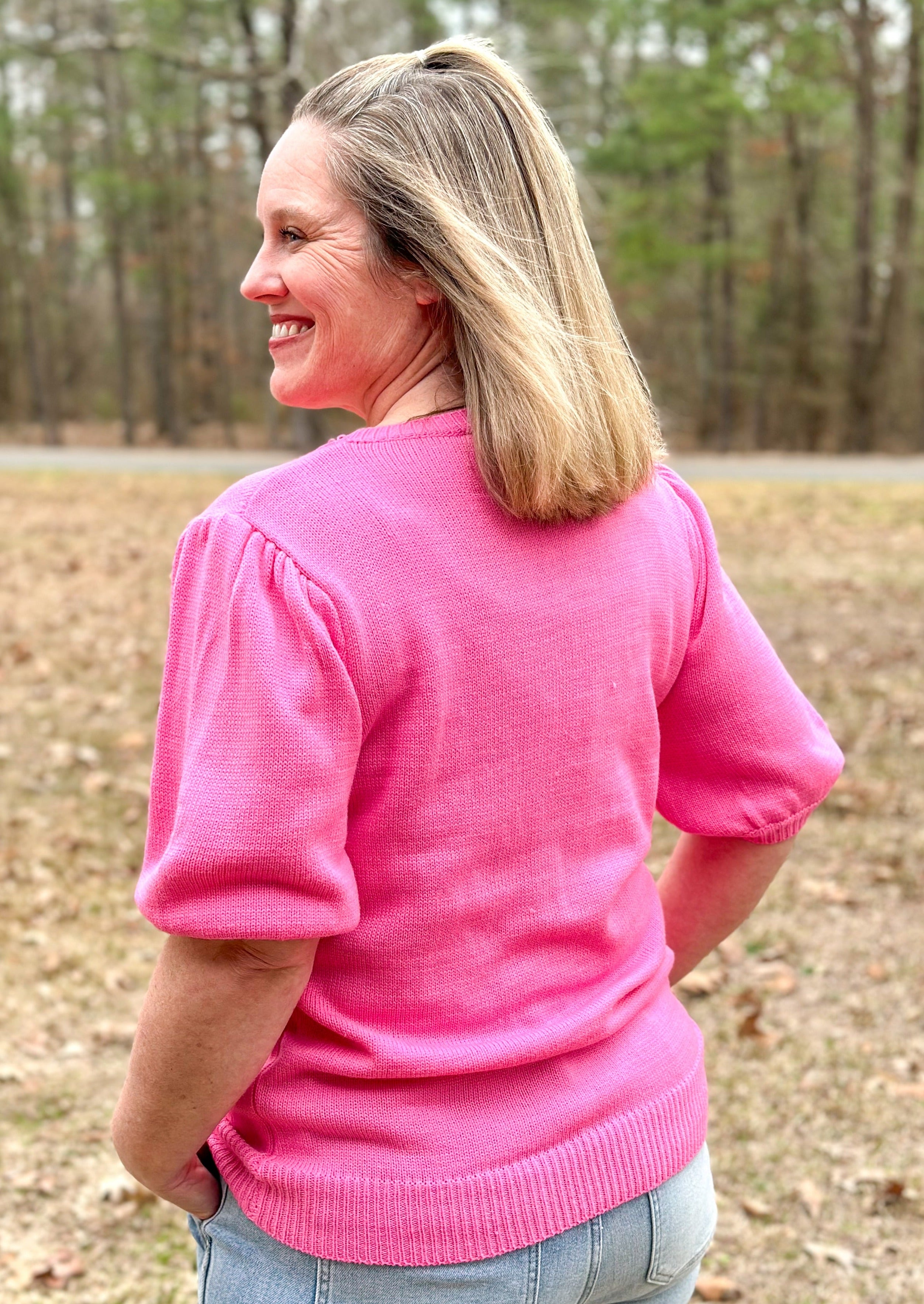 Short puff sleeve pink sweater with puff Mama across the front