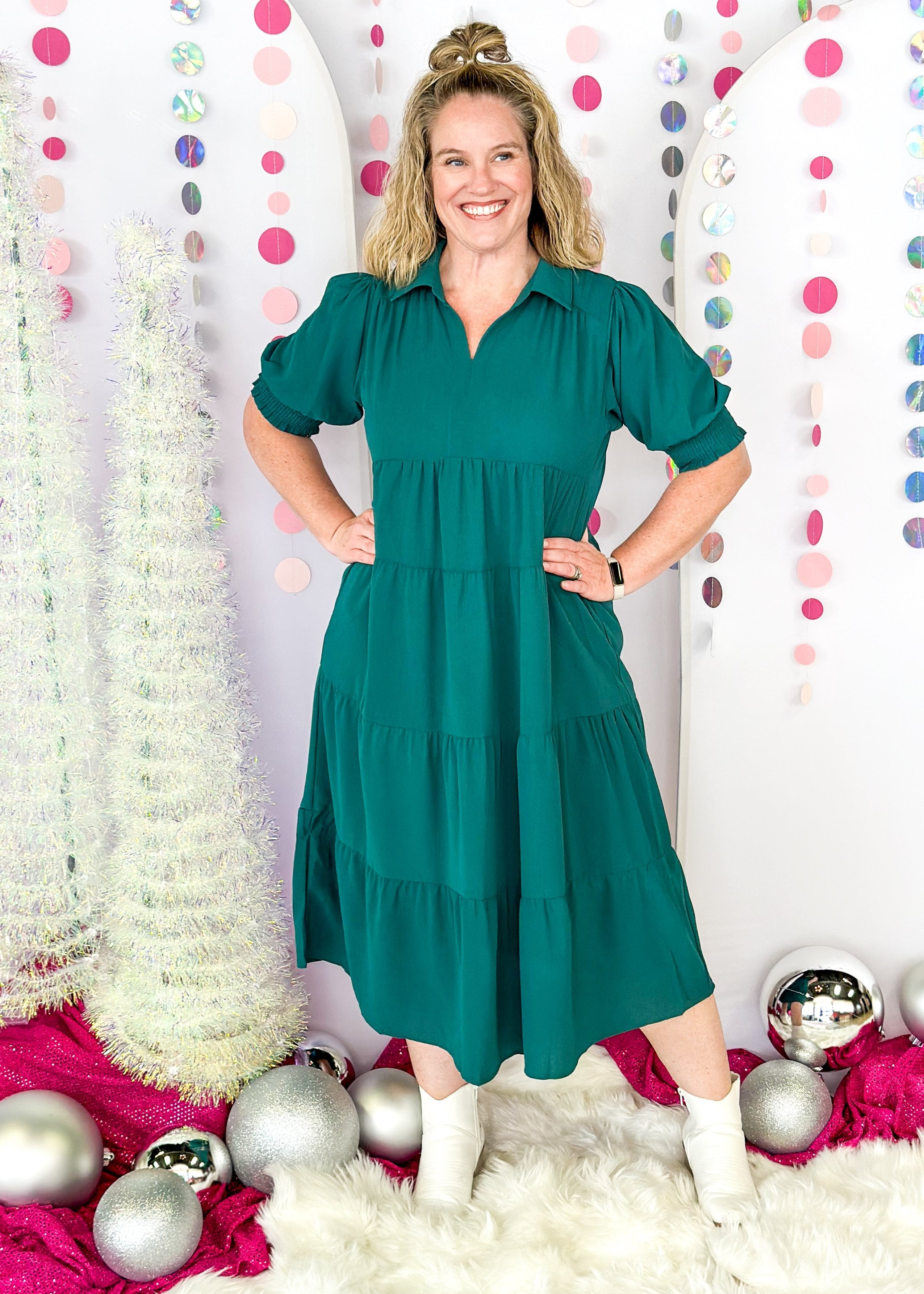 short sleeve tiered midi dress in forest green - collar and smocked arm band