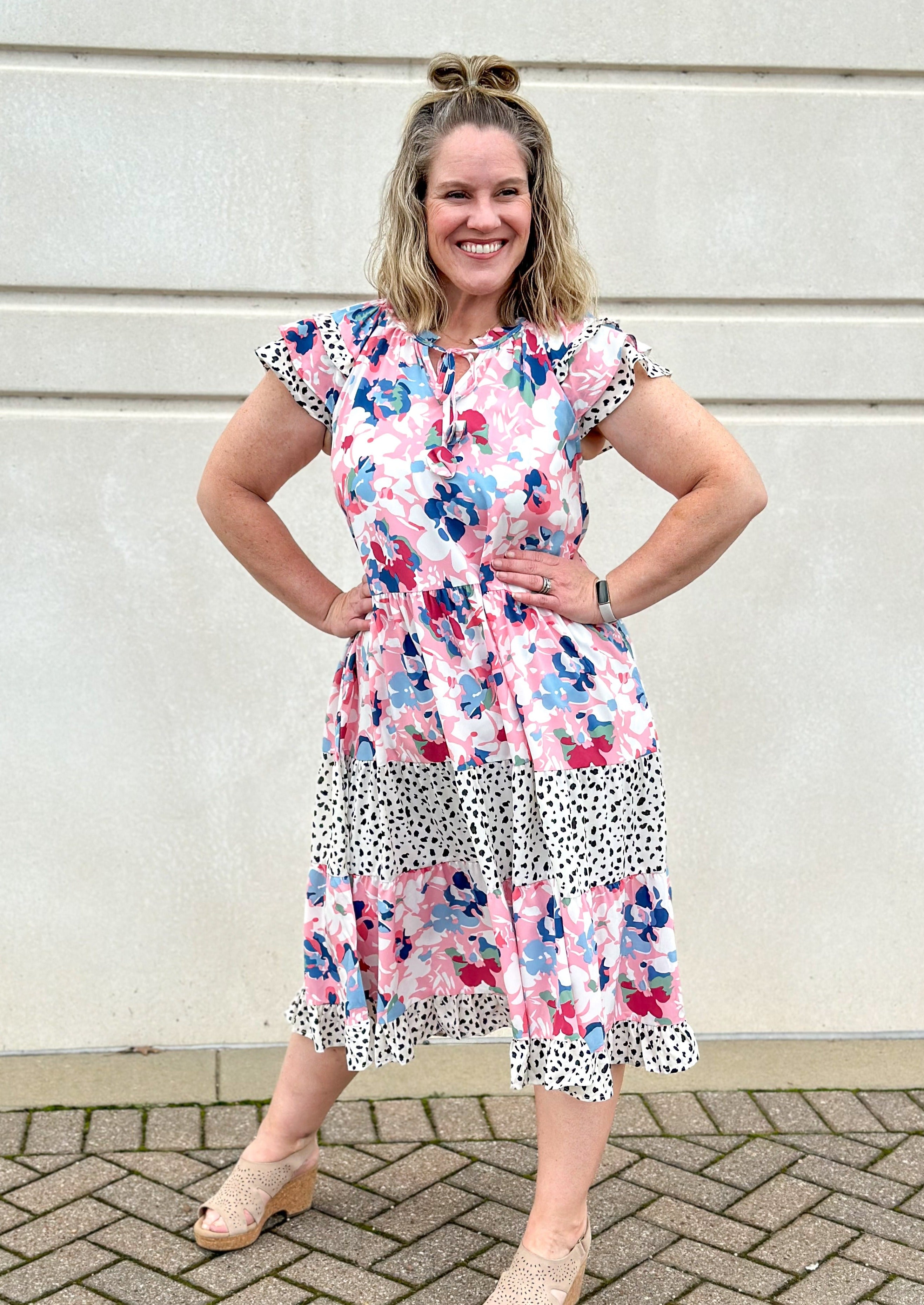 pink and blue floral midi dress with mixed dalamantion pattern - tiered - tie ruffle neck - ruffle sleeve