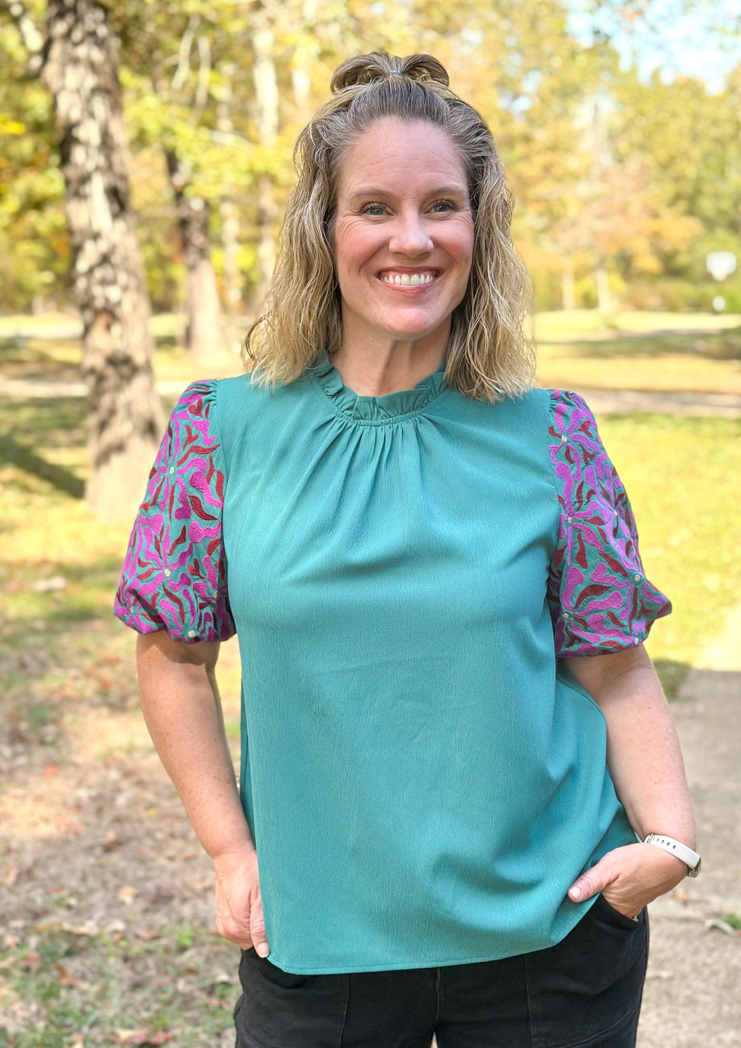 Teal Embroidered Sleeve Top