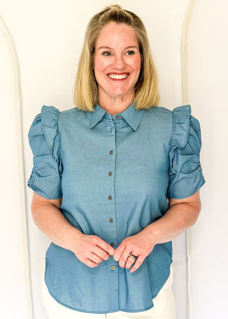 Chambray collared puff sleeve button up blouse