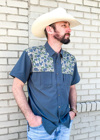 black performance button down short sleeve men's shirt with camo shoulder on front and back