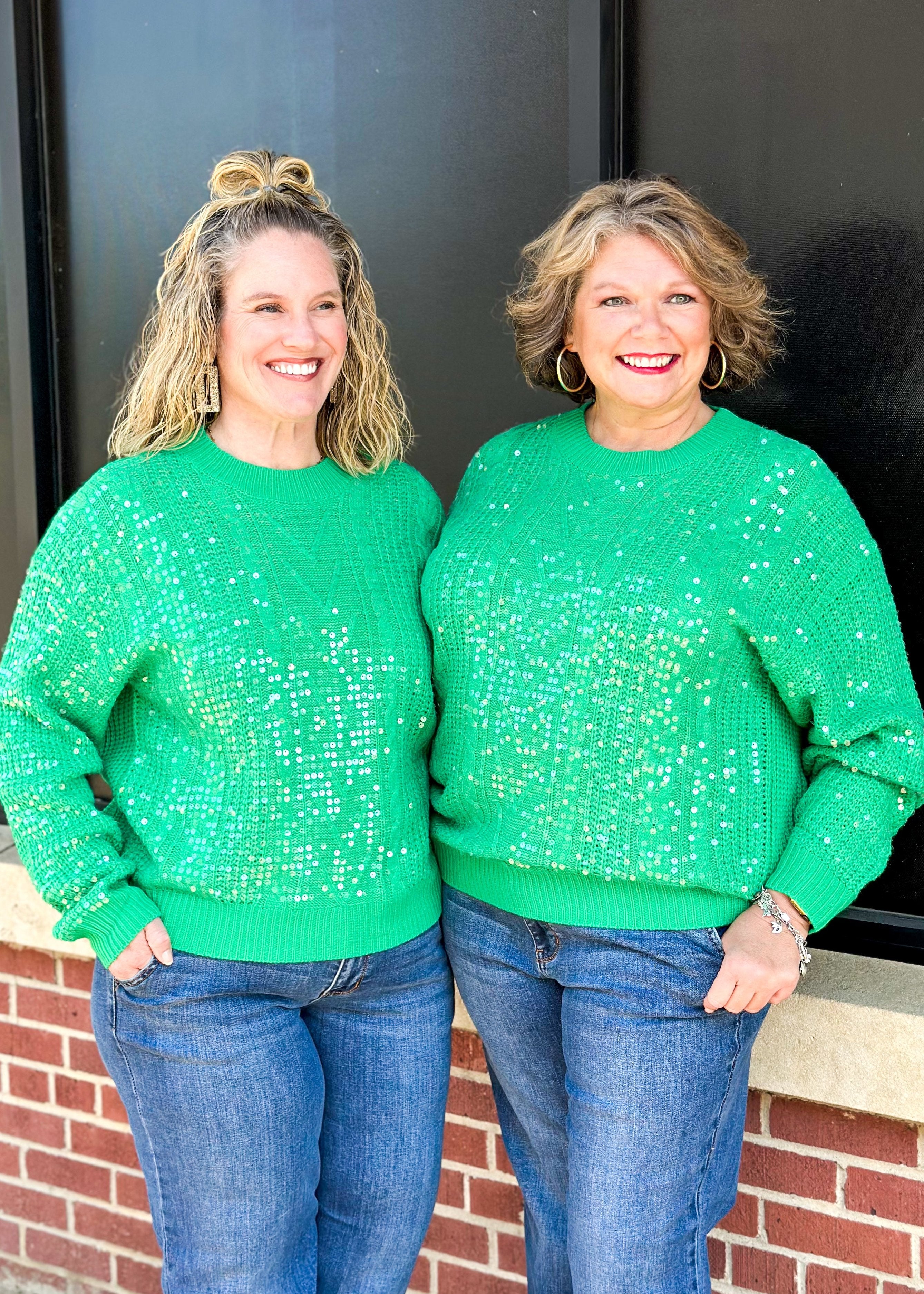 clear sequin long sleeve crew neck knitted green sweater